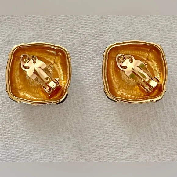 Swarovski Large Gold Plate Clip on Earrings Blk Enamel, Clear Crystal - Picture 2 of 8